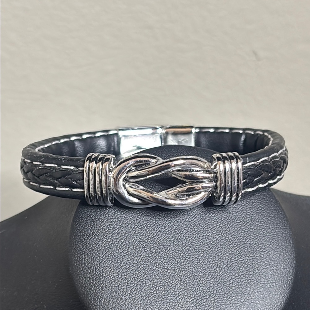 Unisex Black Leather Silver Tone Braided Bracelet
